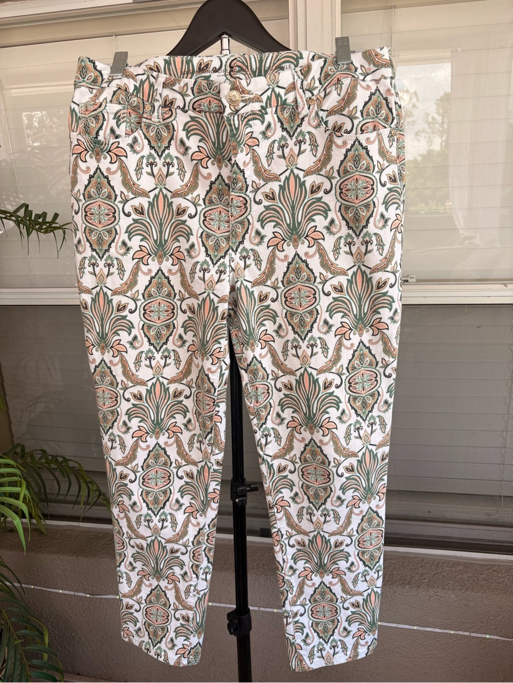 Chico's White Chino Pants with Green & Tan Medallion Print